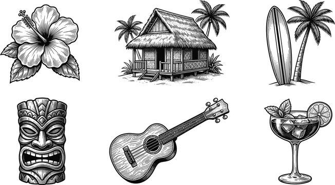 Vintage tropical beach travel icon collection featuring hibiscus tiki hut surfboard ukulele and cocktail engraved vector illustration set
