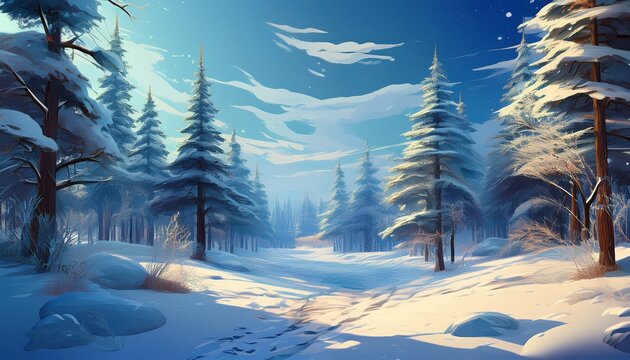 A Calm Winter Forest Background With Fluffy Snowdrifts On Both Sides Stand Tall Trees With Bare Branches The Trees Are Surrounded By Small Fir Trees D Illustration