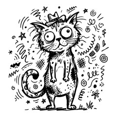 Funny cat character with hat surrounded by abstract doodle shapes © Aisha Kudorova