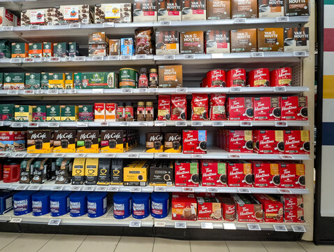 Quebec, Canada, 16 May 2026 : Various coffee products from brands like Tim Hortons, Starbucks, and Maxwell House are displayed on supermarket shelves.