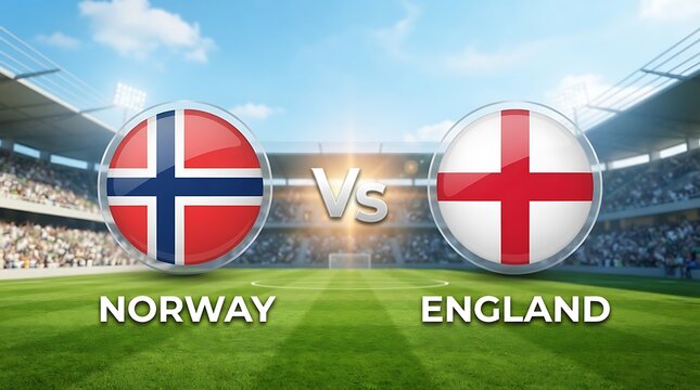 Norway vs england football match graphic with national flags on stadium background