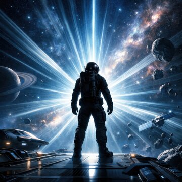 Astronaut standing on spaceship platform looking at galaxy