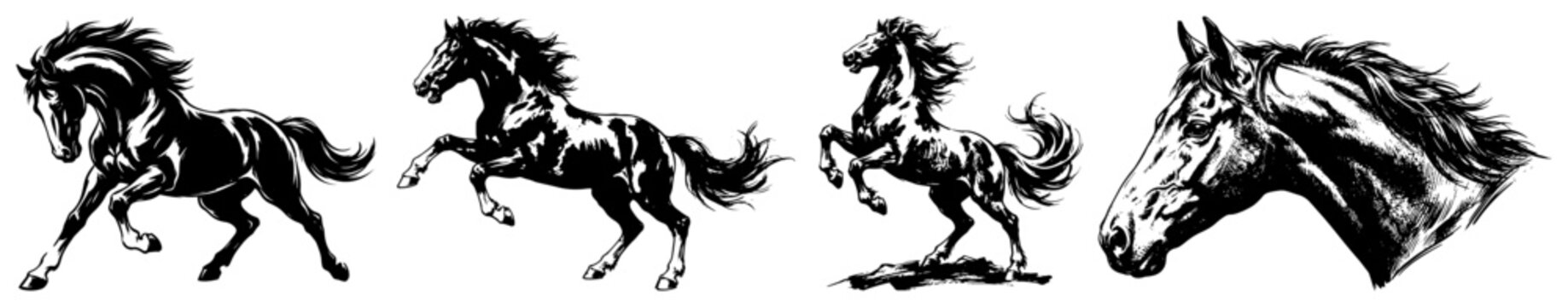 set of horses in motion and portrait illustration