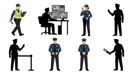 Set of vector collection featuring different security guard poses, monitoring surveillance, using handheld radio, checking entrance, standing guard, scanning visitors, patrolling building © mehdik