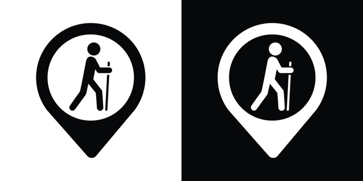 Vector icon set of a walking person with a trekking stick inside a map pointer location pin, in black and white styles. Perfect for hiking trail maps and navigation apps.