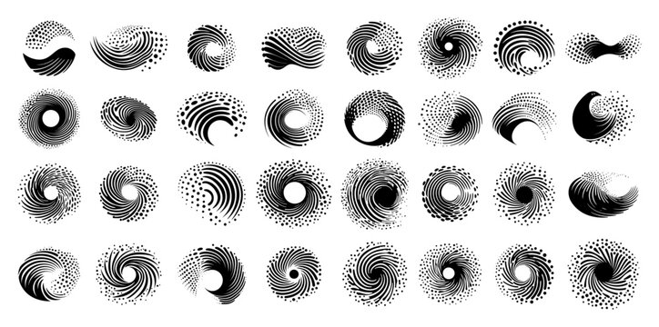 Graphic set of circular halftone waves and spiral shapes