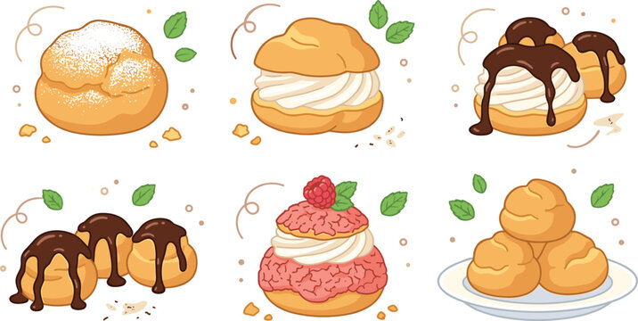 Profiterole and Cream Puff Icon Set Featuring Delicious French Choux Pastry Dessert with Chocolate Drizzle, Whipped Cream, and Berries