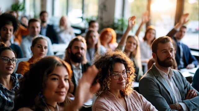 Faceless audience raising hands during interactive business seminar with presenter