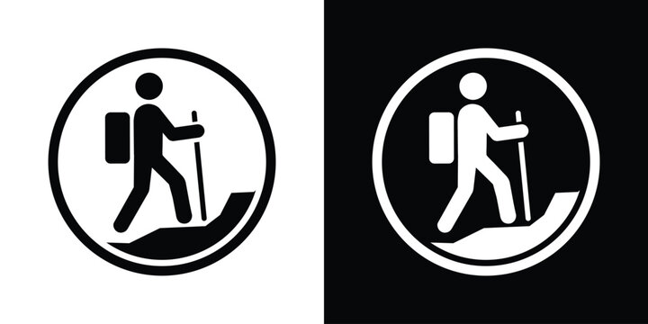Hiker trekking uphill with backpack icon enclosed in a circular frame. Black and white vector.