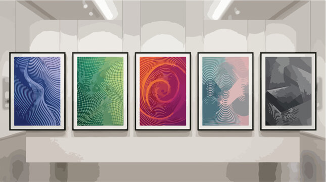 Modern art gallery interior with five abstract posters, minimalist museum exhibition hall with framed wall art, contemporary studio mockup vector