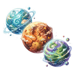 A beautiful watercolor and ink fantasy illustration of three unique alien planets arranged diagonally. Features a blue ringed ocean world, a rugged orange volcanic planet with flowing lava, and a lush © Adi