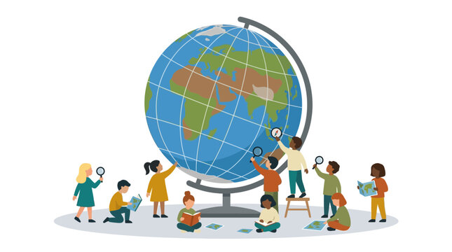 Tiny students exploring giant globe with magnifying glass for geography class