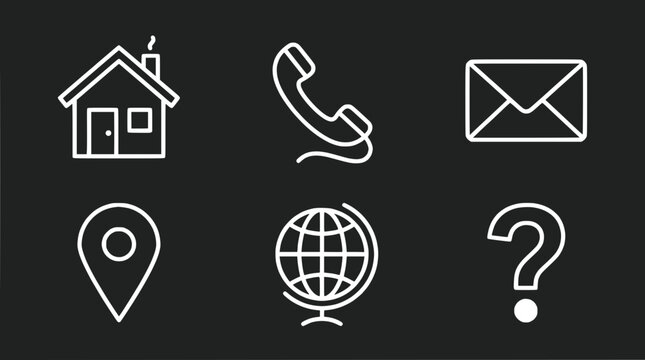 Contact Icons: House, Phone, Envelope, Map Pin, Globe, Question Mark on Black Background