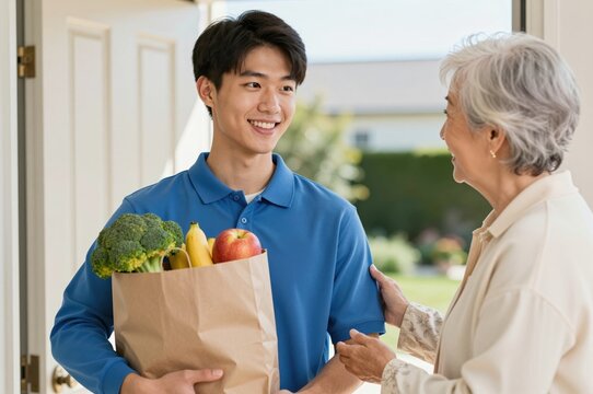 young man delivering groceries to elderly woman at home, concept of care and community support