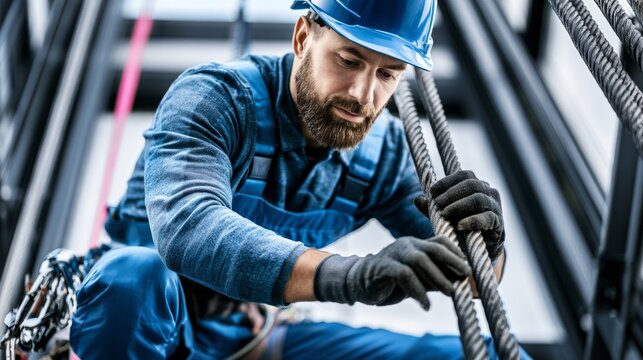 Precision Maintenance of Elevator Rope by Technician in Safety Gear for Reliable Performance