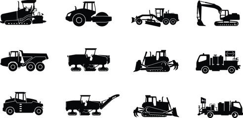 Obraz premium Heavy Construction Machinery Silhouette Icon Set Featuring Excavator Bulldozer Road Roller Dump Truck and Asphalt Paving Equipment