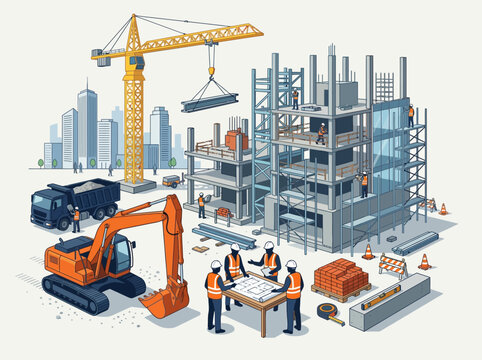 Modern Construction Site Vector Illustration with Crane, Excavator, and Building Workers