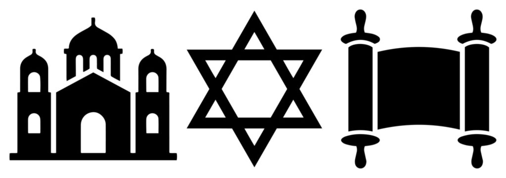 Religious symbols featuring church building star of david and holy torah scroll