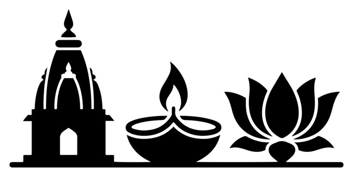 hindu temple and diya oil lamp with lotus flower icons