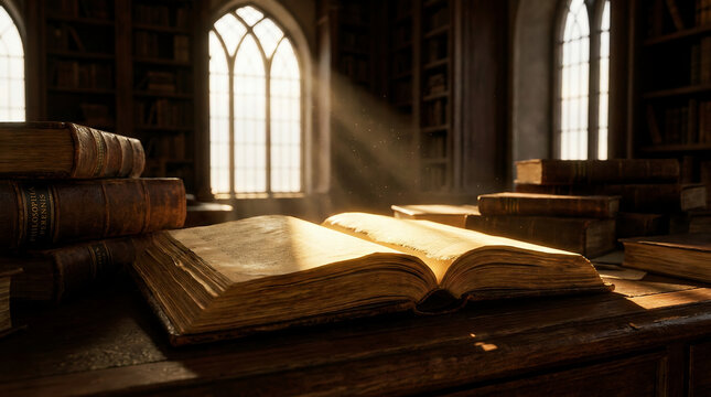 An ancient library with open books illuminated by golden sunlight streaming through gothic windows, evoking wisdom, history, and timeless knowledge.