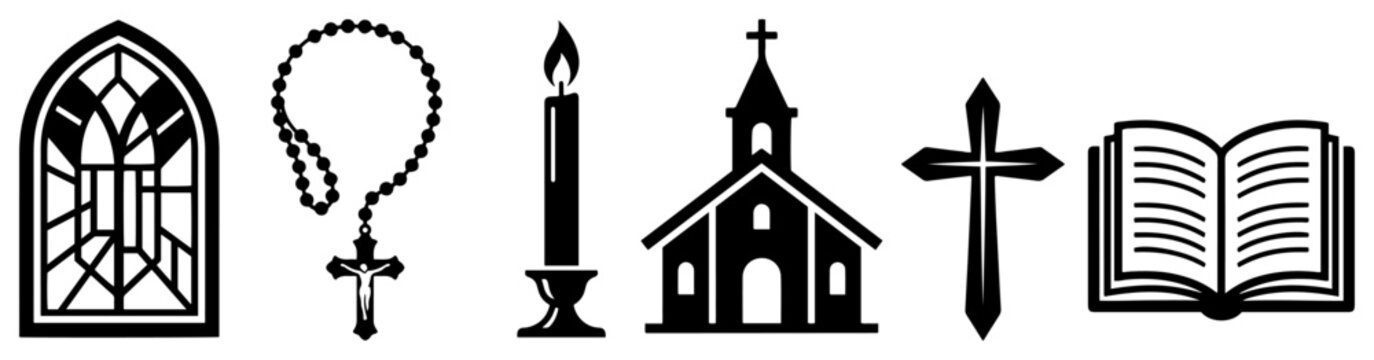 christian religious icons with church cross rosary candle and bible