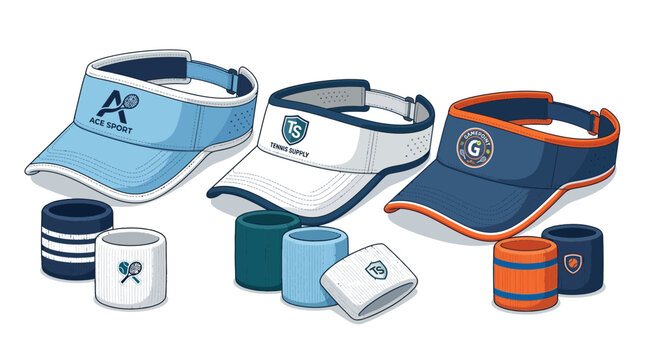 Collection of colorful sports visors and matching athletic wristbands