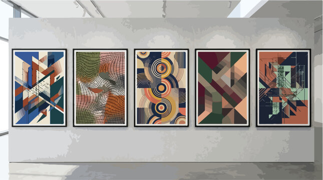 Abstract geometric poster collection, set of 5 modern art prints in gallery interior, contemporary wall art with mid-century shapes and earth tones