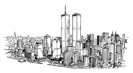 New York city skyline with twin towers in detailed architectural sketch style © Aisha Kudorova