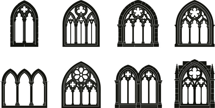 Gothic window silhouettes, cathedral tracery vector, medieval architecture icons, ornate window outline illustration, decorative stonework design art patterns