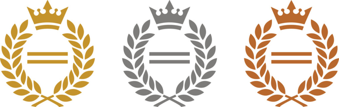 Vector graphic icon set featuring gold, silver, and bronze laurel wreaths paired with a crown and an equal sign symbol, featured in image_a6233e.png, isolated on a white background..eps