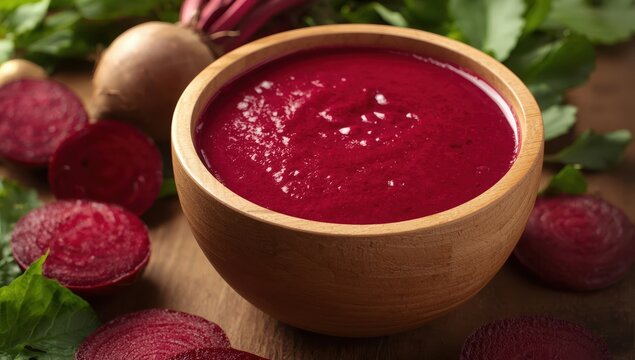 Freshly made beet juice is served in a wooden bowl.