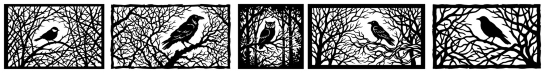 Fototapeta premium Set of birds on dark forest branches in decorative frame style