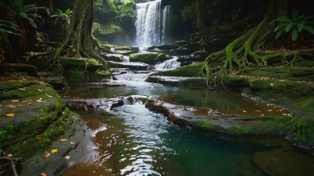 Camera moving forward revealing tiered waterfall cascading over mossy tiers into blue pool, grotto