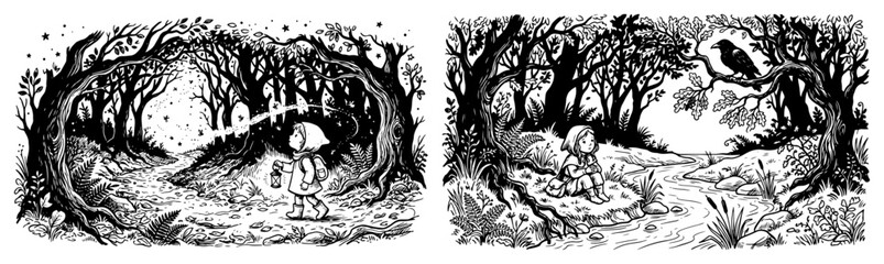 Obraz premium Set of scenes featuring a little girl exploring a magical forest
