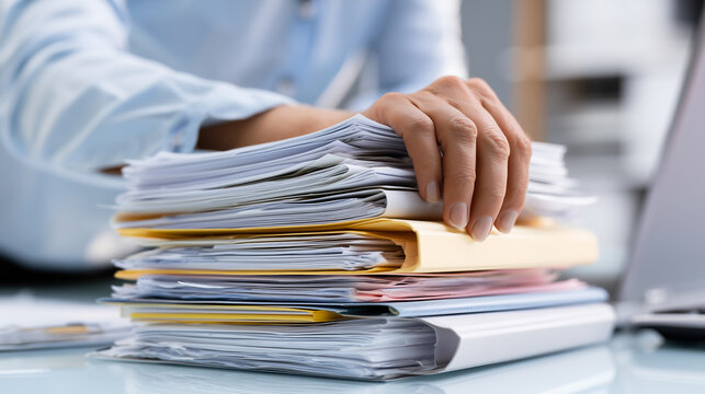 Business professional organizing paperwork and document stack in modern office for administrative workflow and records management