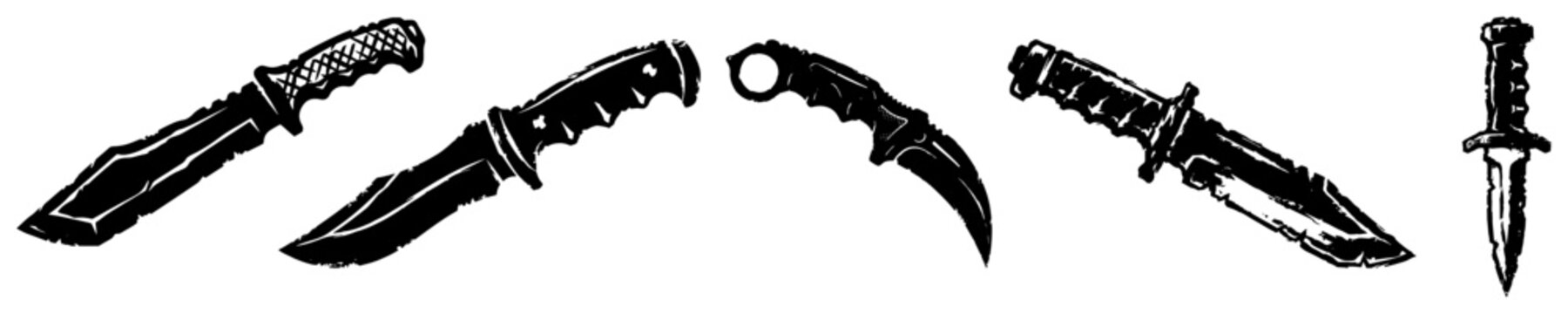 Set of tactical combat knives in graphic black and white style