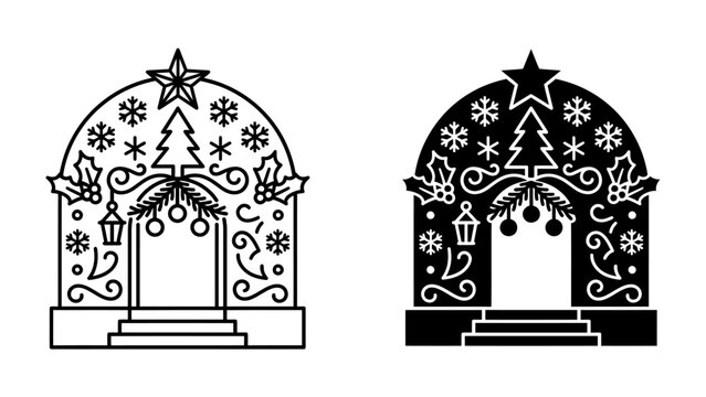 Christmas Archway Illustration: A festive Christmas archway design featuring a stylized Christmas tree, snowflakes, holly, and baubles.
