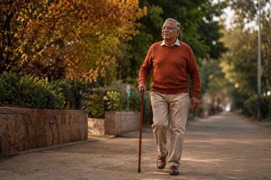 Senior Indian man with glasses walking outdoors with a cane, looking content and enjoying a peaceful park