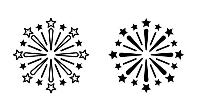 Fireworks Icon: Two stylized vector icons representing fireworks, one with stars and one solid, perfect for celebratory graphics and design elements.