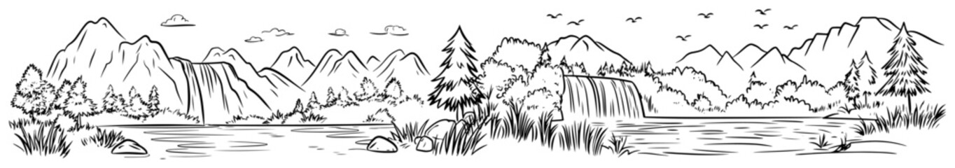 Waterfall flowing from mountains into a river in panoramic sketch style © Aisha Kudorova