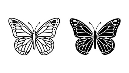 Butterfly Silhouette: A striking pair of monarch butterfly illustrations, one in outline and the other as a solid silhouette, showcase the delicate beauty and symmetry of this iconic insect. © Ajm