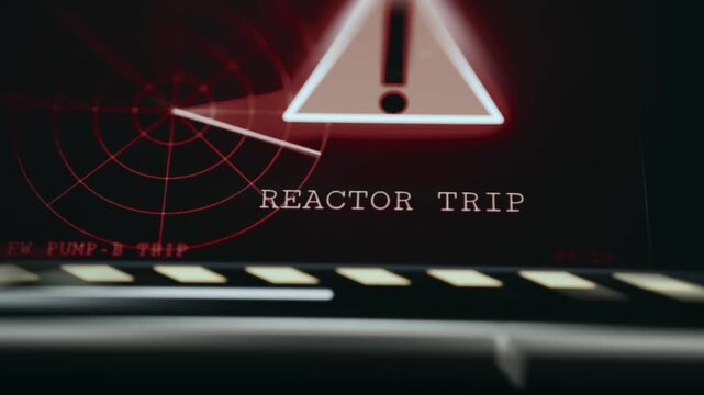 Critical warning screen with REACTOR TRIP message, indicating a safety shutdown of the reactor core