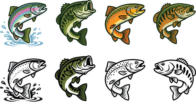 Jumping bass fish collection featuring freshwater game fish in colorful engraved and outline styles for fishing vector illustration set