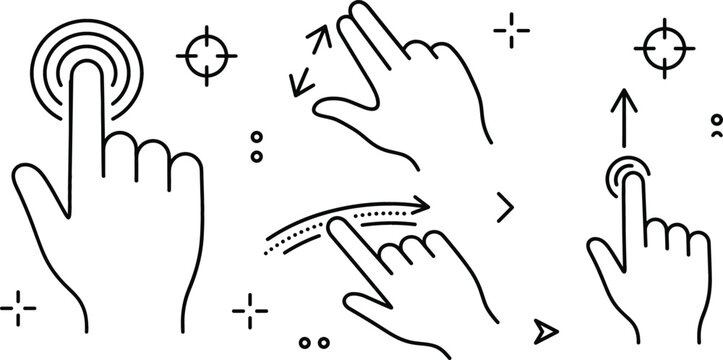 Touch screen gesture icon set with hand finger tap swipe pinch zoom line art vector outline illustration elements design