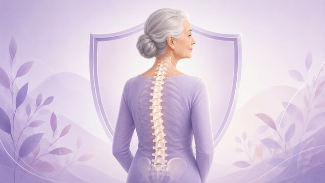 Senior woman with transparent skin showing spine and shield. Osteoporosis protection and joint health concept for elderly care. Medical back view illustration of skeleton
