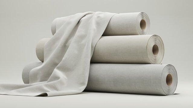 Stack of rolled beige linen fabric bolts with draped textile