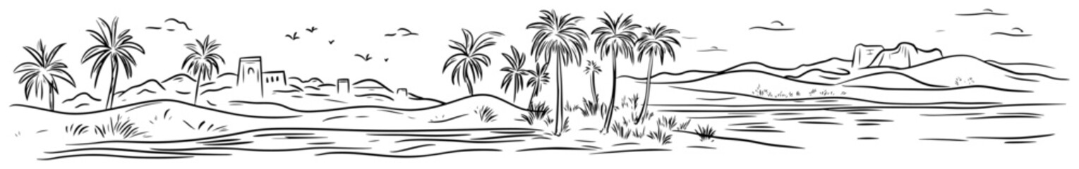 Desert oasis with palm trees and distant ancient buildings in panoramic hand drawn sketch style © Aisha Kudorova