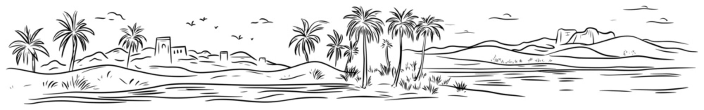 Desert oasis with palm trees and distant ancient buildings in panoramic hand drawn sketch style