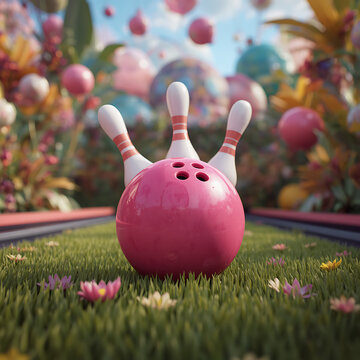 a lush 3d render of 3d render of a pink bowling ball in the foreground, 3D model, excited, vibrant palette, exaggerated, unreal engine, octane engine, vray, stylized CG animation