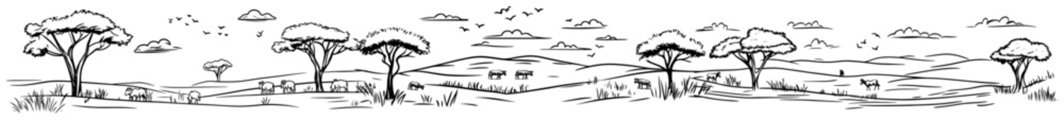 African savanna panorama with acacia trees and grazing wildlife black and white line art © Aisha Kudorova